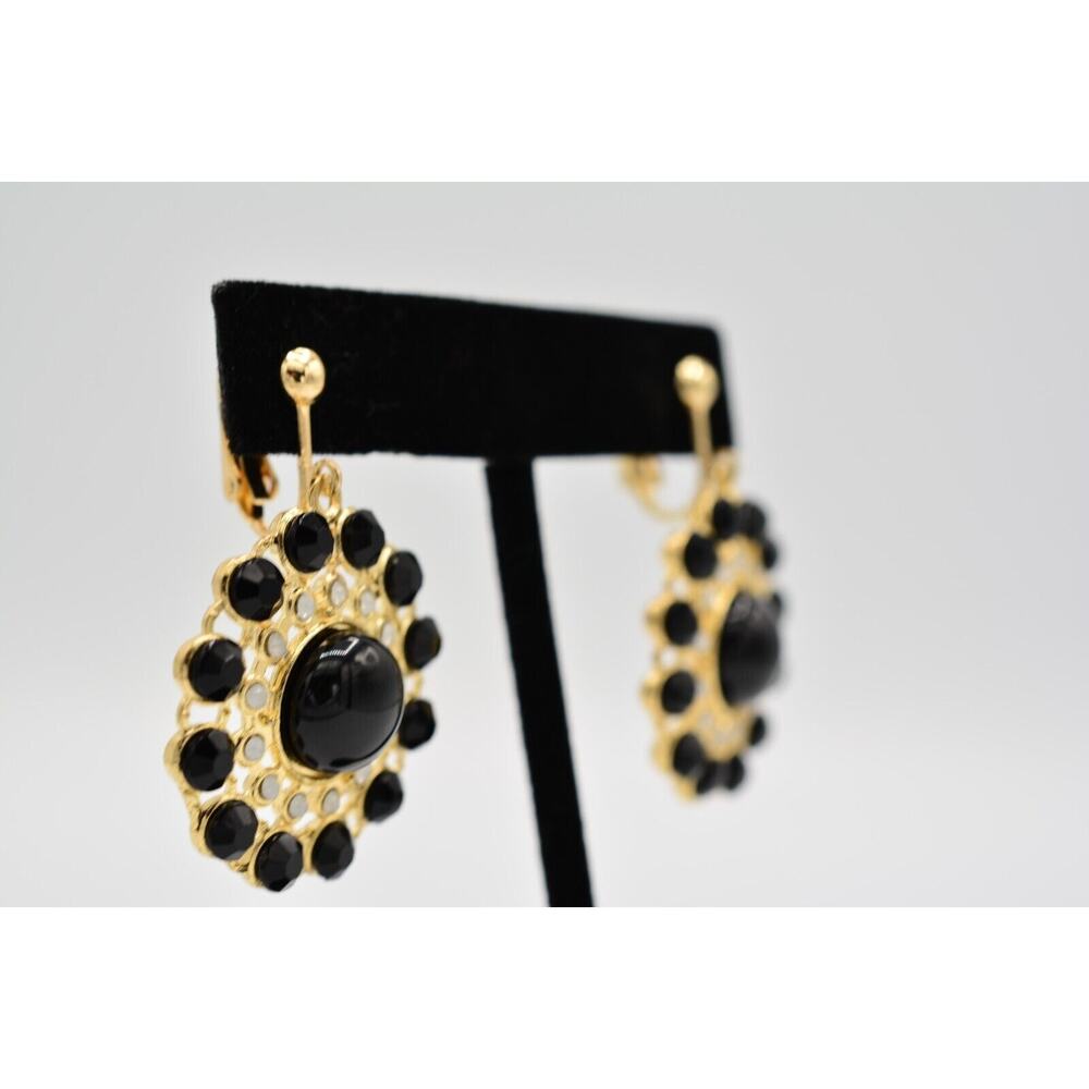 Vintage Clip Earrings Dangle Black Cabochon Gold Tone 1990s BinAI - Picture 4 of 12